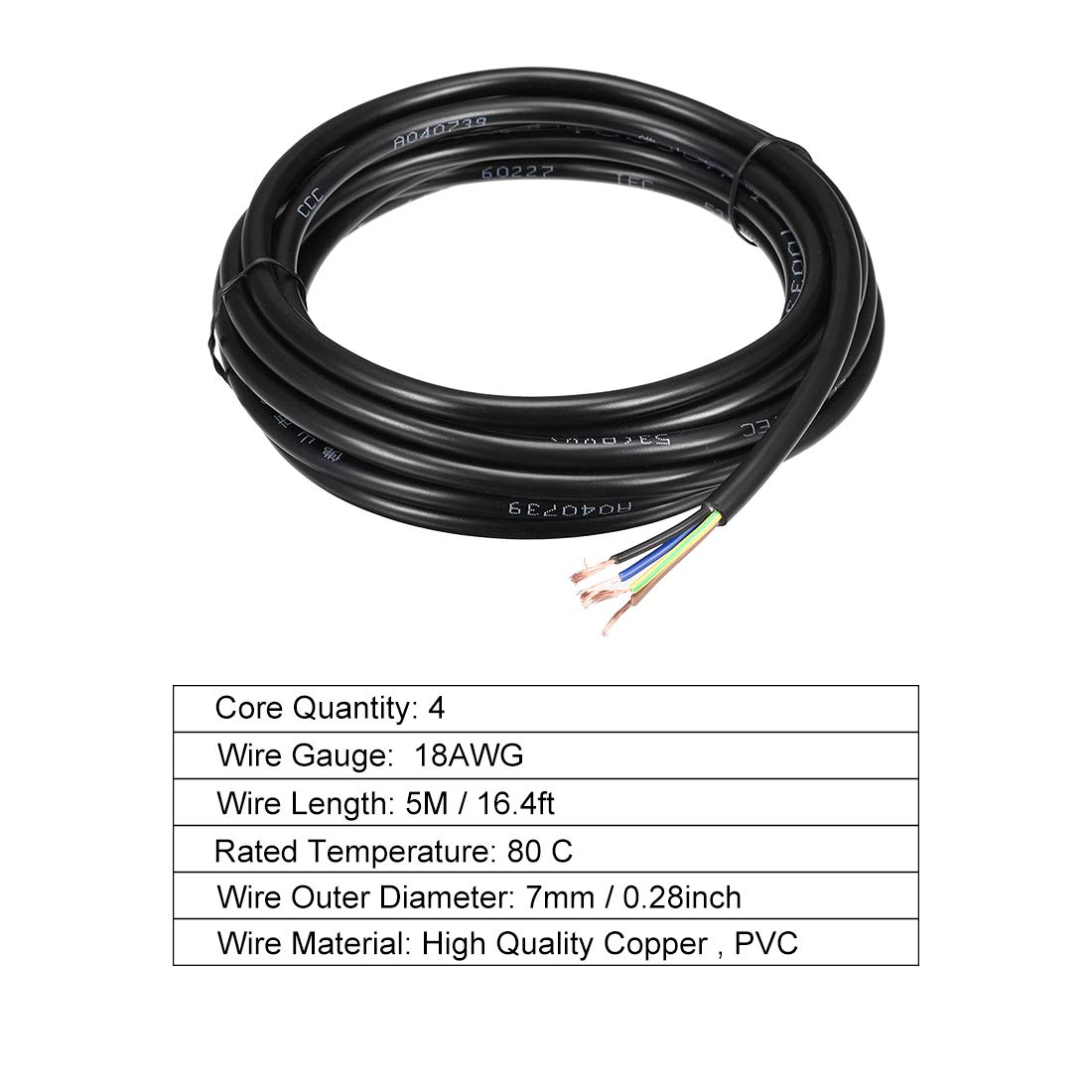 uxcell RVV Wire Cable Extension Cord Stranded PVC Cord Copper Wire Electric Conductor 4 Core 18 AWG 5M/16.4ft Length