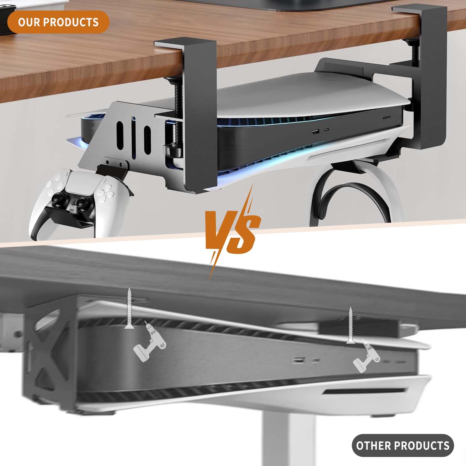 PS5 Halterung unterm Tisch, Metal Under Desk Mount für PS5 Pro, PS5 Slim Stealth Mount, Untertischhalterung für PS5 Pro/PS5 Slim/PS5 Disc & Digital Edition Zubehör mit Klemmhalterung & Schraube