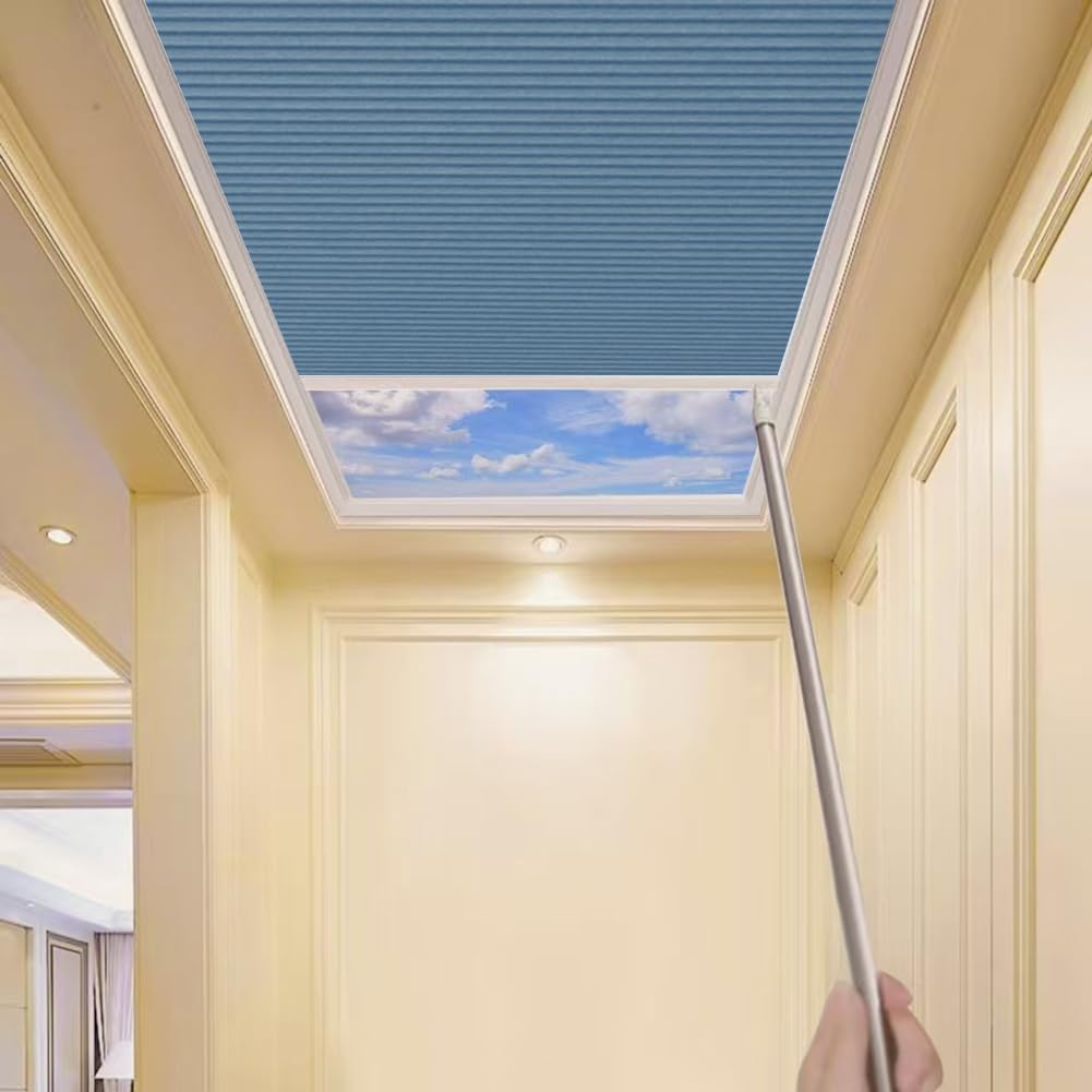 TIPIACE Manual Skylight Blinds Cellular Honeycomb Full Blackout Fabric Skylight Curtain Shades Suitable for Roof Inclined Plane Room Windows (Blue 93021G)