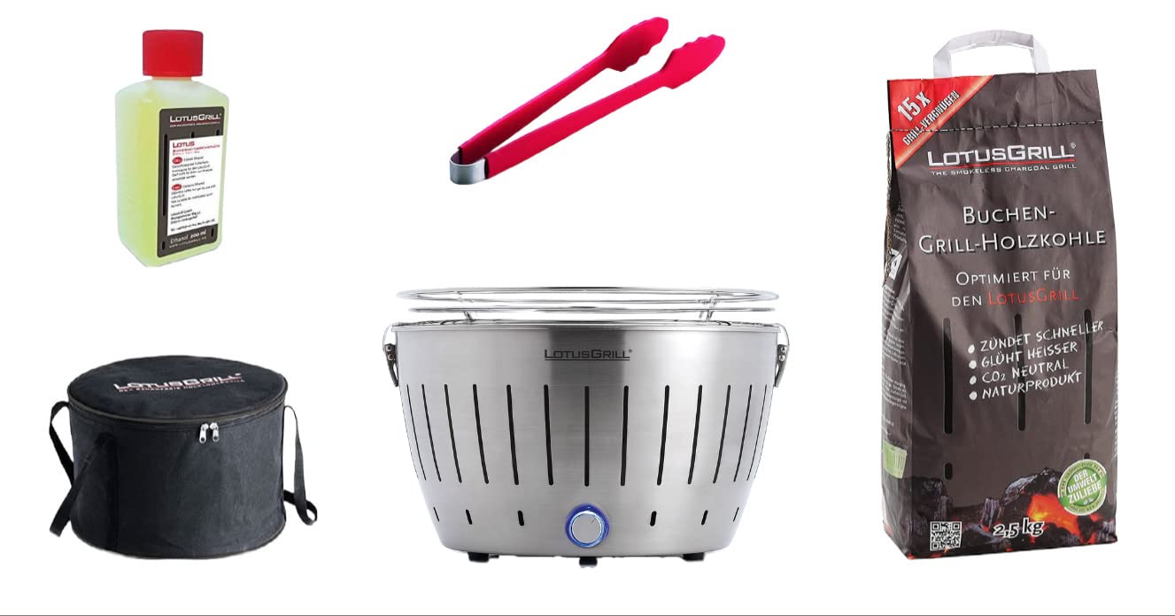 LotusGrill Kit de Démarrage 1x LotusGrill Inox 1x Charbon de bois de hêtre 1kg,1x Pâte brûlante 200ml,1x Pinces à saucisses Roug