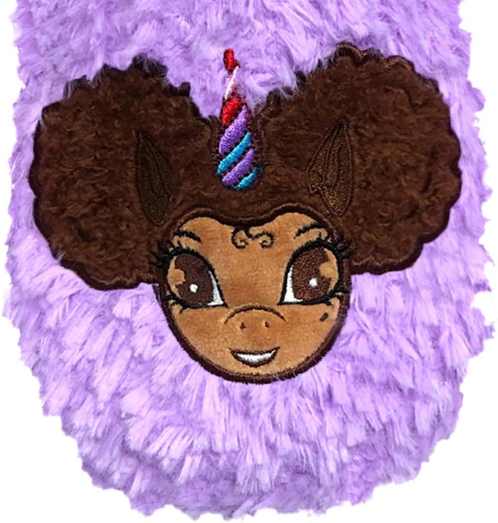 Afro Puff Unicorn Princess Purple Plush Slipper - Light Brown with Brown Hair