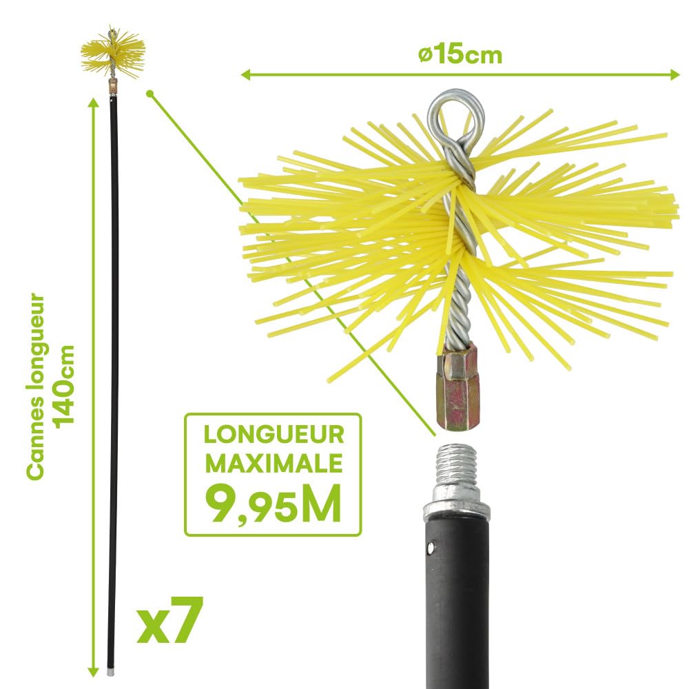 Kit ramonage cheminée - 12 pièces - Hérisson PVC - 7 cannes souples 1m40-2 brosses - Pelle - Conduit inox souple ou rigide - 15 cm
