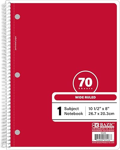 BAZIC - Cuaderno de espiral, 1 materia, papel rayado ancho de 8 x 10-12 pulgadas, 70 hojas de cubierta roja, cuadernos de compilación de diario para