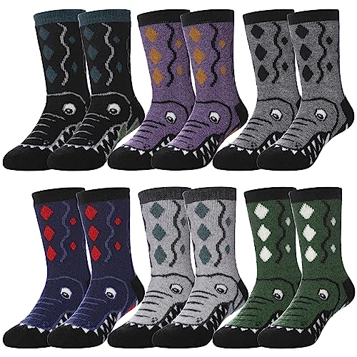 FNOVCO Kids Wool Socks Toddler Warm Thick Wool Hiking Thermal Cozy Boot Crew Socks for Boys Girls 6-Pack (8-12 Years, Crocodile)