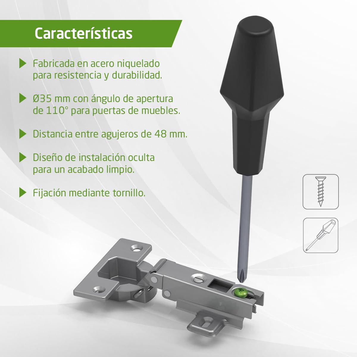 Amig - Pack de 2 Bisagras de Cazoleta Rectas - Ø35 mm - Acero Niquelado - Apertura 110° - Instalación Oculta para Muebles de Cocina, Oficina y Armarios - Tornillos Regulables (No Incluidos)