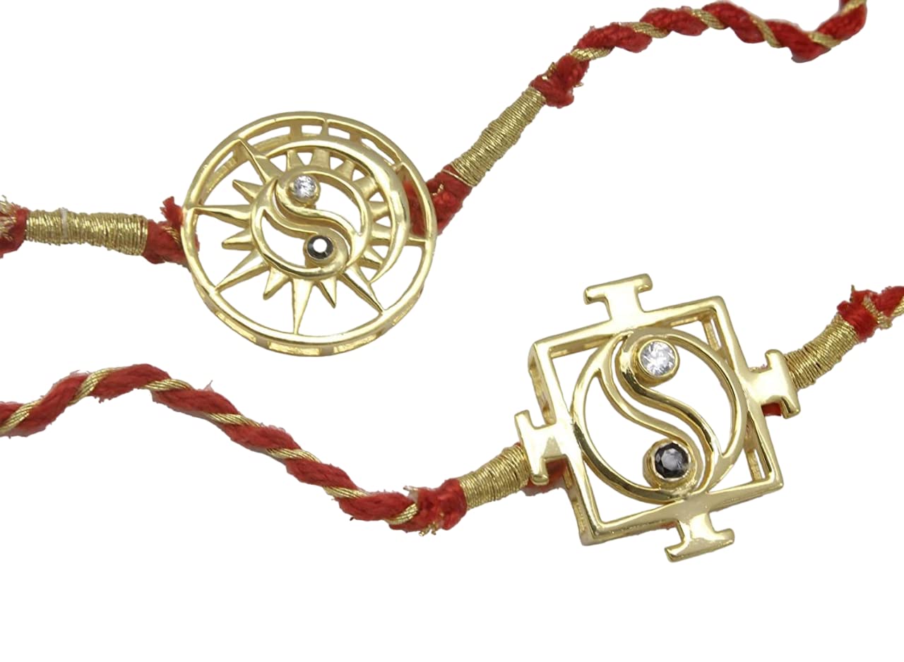 LBV 925 Sterling Silver Sun-Moon And Lakshmi Yantra Ying Yang 24kt Gold Plated Stone Studded Rakhi Cum Pendant Comes With Glass Bottle Of Roli Chawal And Ganga Jal