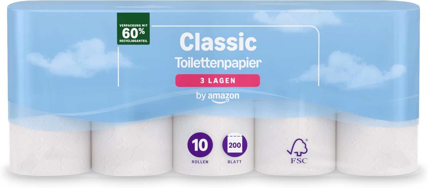 by Amazon Classic Toilettenpapier, 3-lagig, 10 Rollen (10 Rollen, 1er-Pack), 200 Blatt pro Rolle, FSC-zertifiziert