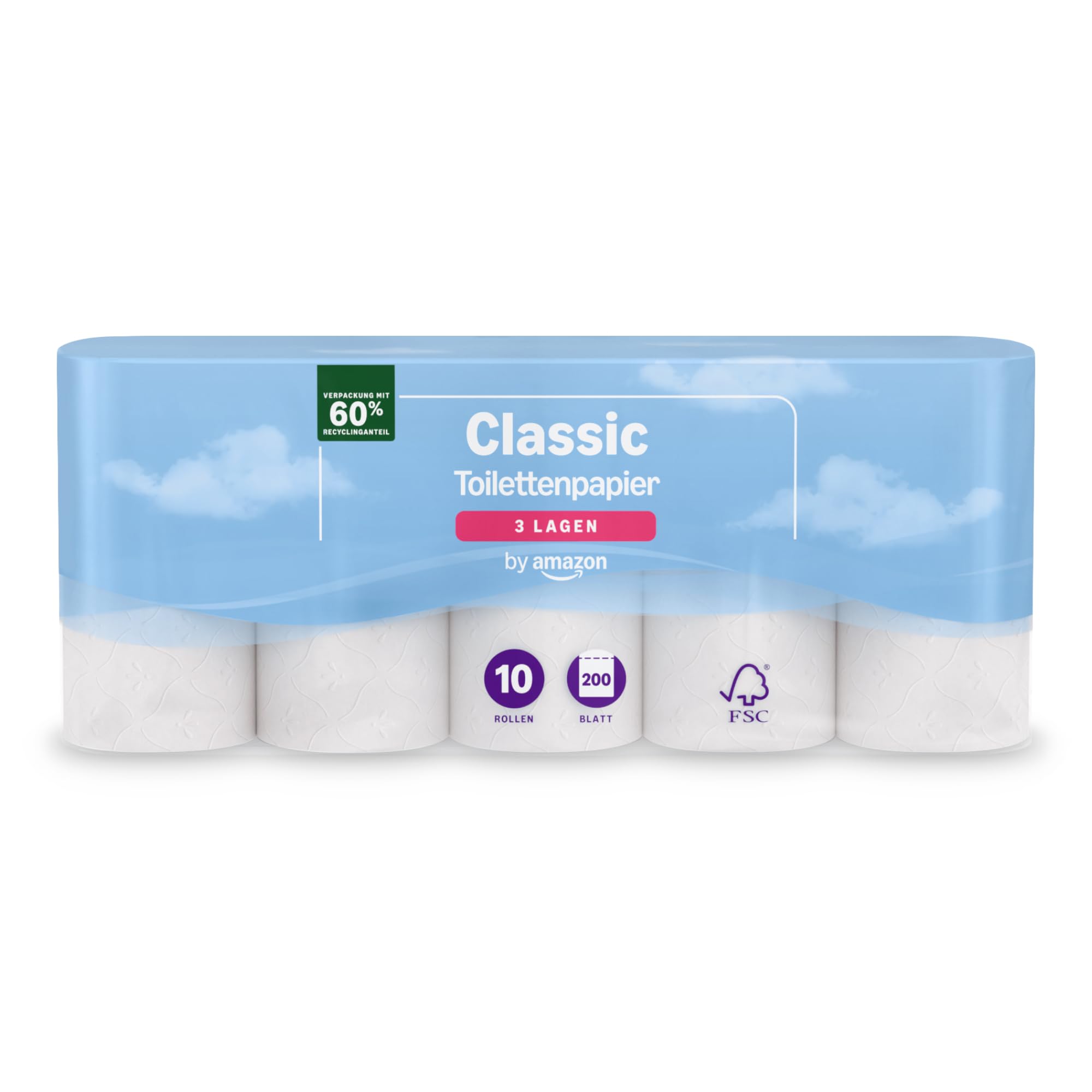 by Amazon Toilettenpapier, 3-lagig, 10 Rollen (10 Rollen, 1-er Pack) 200 Blätter pro Rolle, FSC-Zertifiziert