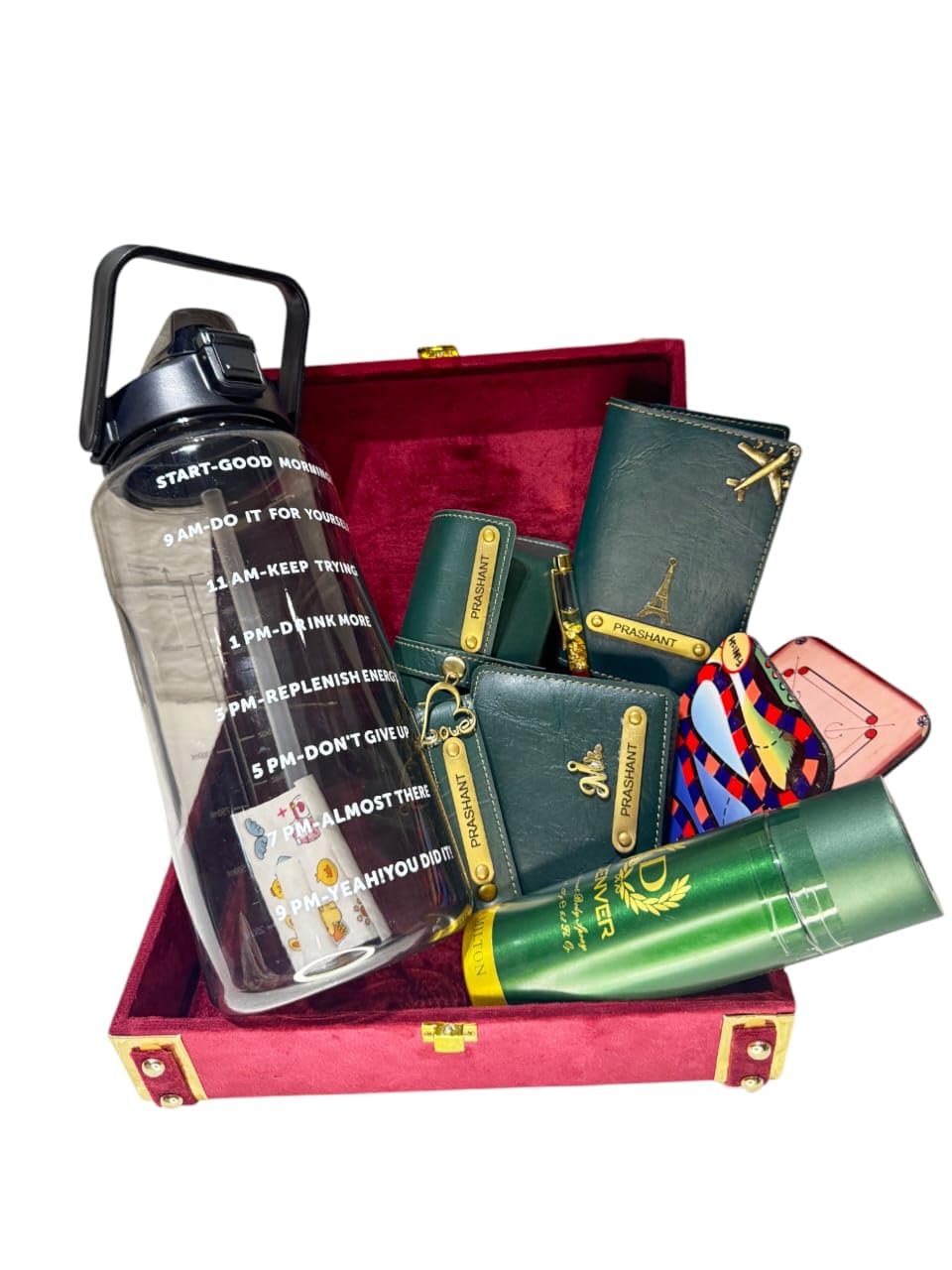 Shopforu 8 In 1 Customized Name Mens Gift Hamper Set with Water Bottle, Passport Cover, Mens Wallet, Sunglasses Cover, Keychain, Pen & Tea Coasters | Personalized Valentine's Day Gift (Green)-image-3