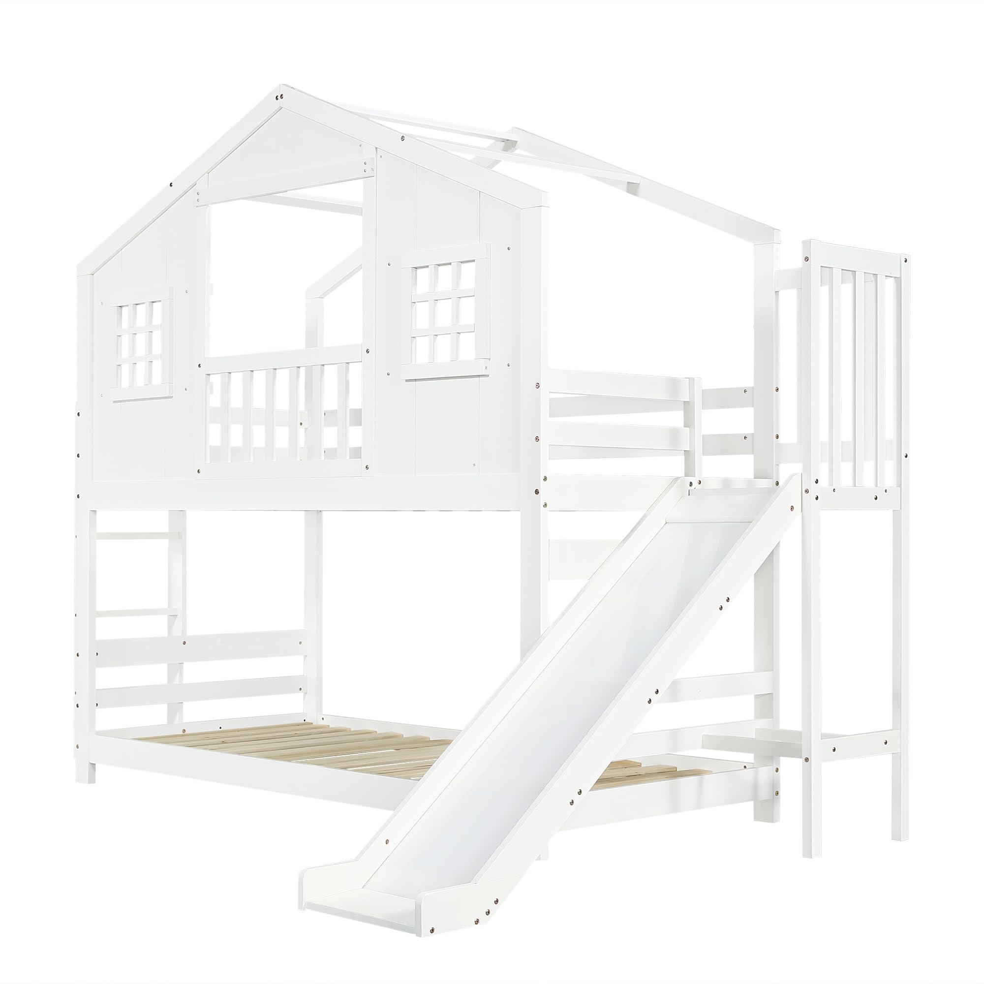 MYBOO Kinderbett Etagenbett 90x200, Hochbett Hausbett mit Rutsche&Leiter&Fenstern&Dach, Stockbett Doppelbett Holzbett Jugendbett Bettgestell mit Lattenrost&Rausfallschutz, Kiefer, Ohne Matratze, Weiß