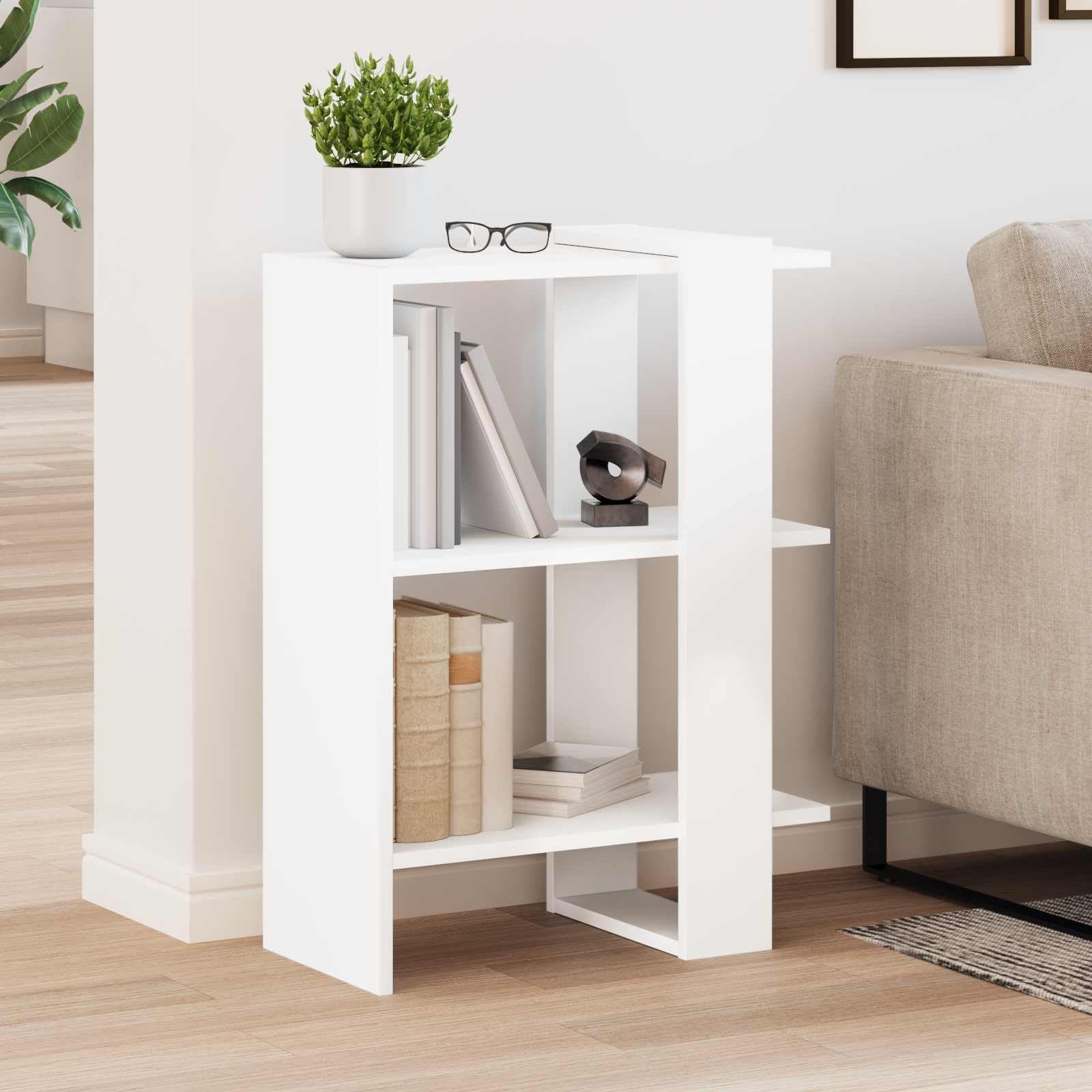 Scaffale bianco 52 x 25 x 71,5 cm in legno con 2 scomparti | Divisorio compatto per soggiorno e camera da letto. Struttura robusta con superficie liscia per libri e decorazioni.