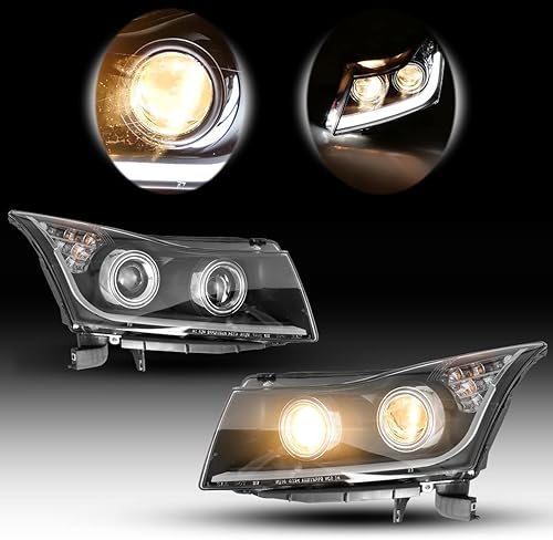 ROXX Conjunto de faros delanteros para Chevy Cruze 2011-2015, tubo LED DRL, carcasa negra, proyector, faros delanteros, par de faros delanteros,