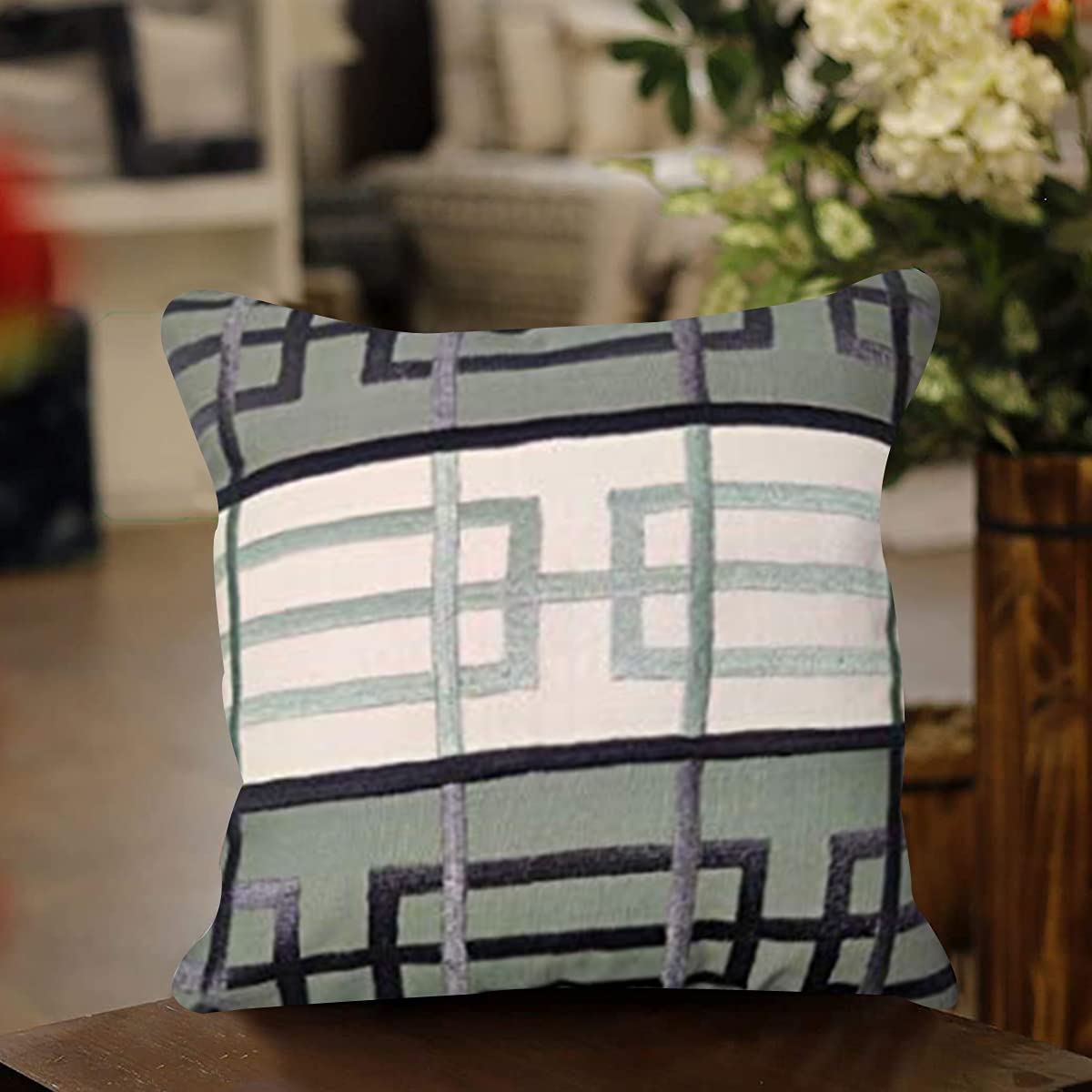 SAJAVAT HOME CC66 Cotton Geometric Stripe Embroidery Cushion Cover ( Pack of 1) 18x18 INCHES/ 45x45 cm Mint Blue (Mint Blue, Cotton)