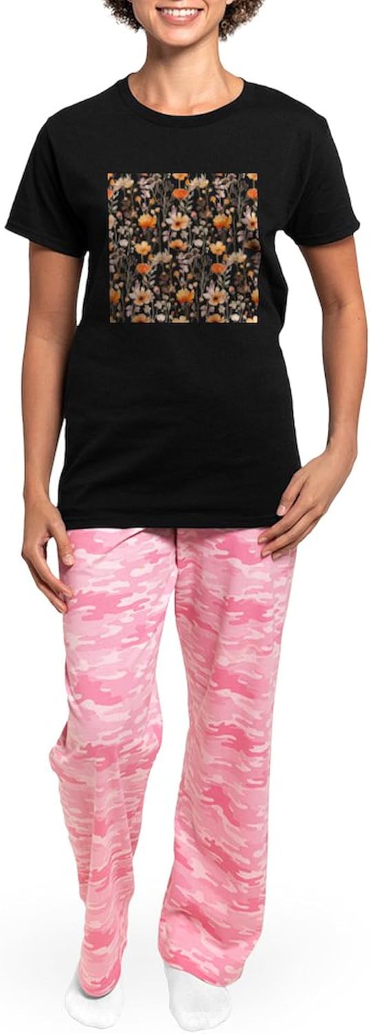 CafePress Orange Wildflowers Pattern Pajamas Womens Novelty PJ Sleepwear