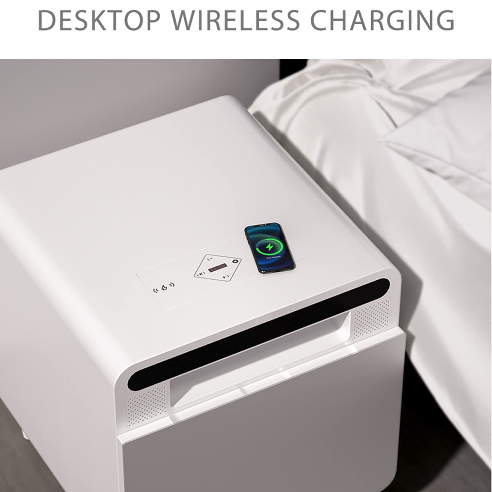 BEdaw Table de Chevet Intelligente, Smart Homeniture Table D'Appoint Métallique Gris Argenté Pour Salon Avec Chargeur Sans Fil Usb, Avec Réfrigérateur 2/3 Tiroirs