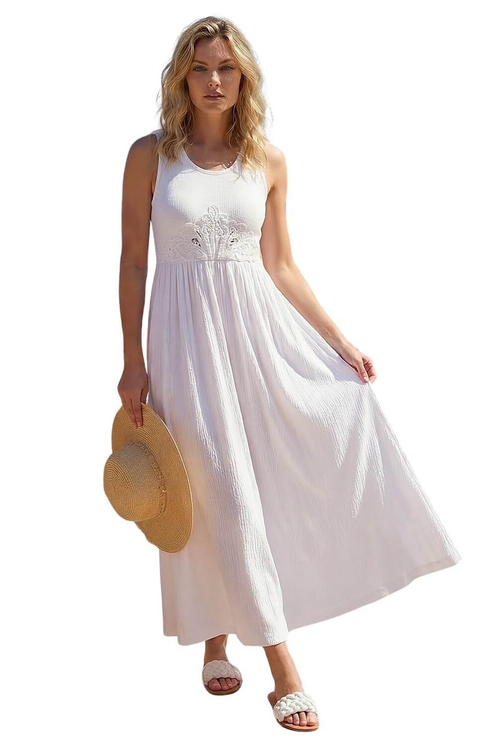 Roman Women's Cotton Blend Lace Detail Midi Dress in White | Size: 20
