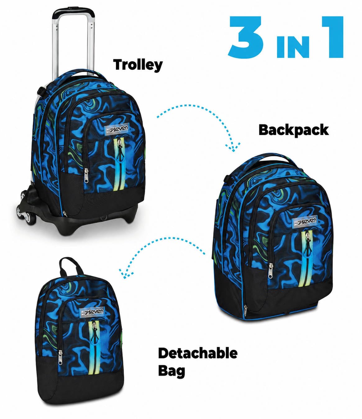 Seven Mochila escolar Detach con función trolley, mochila con ruedas, para escuela, deportes, ocio, a partir de 1er grado, 3 en 1, con compartimento para botella de agua, mochila pequeña, para niños