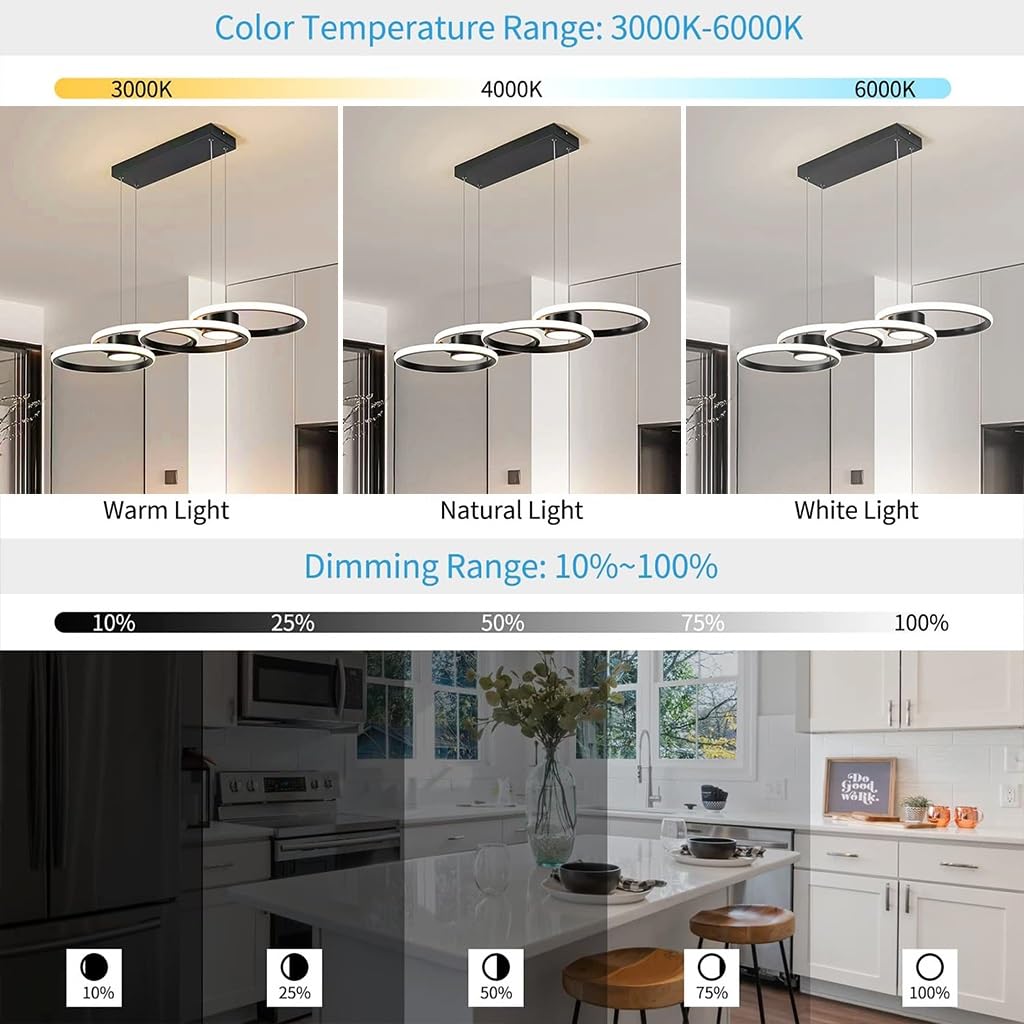 Suspension LED Plafond Moderne Lampe Suspendue En Aluminium Hauteur Réglable 80W Lustre Restaurant Luminaire Dessus De Table Avec Télécommande Gradation Convient Pour Salon Îlot De Cuisine(Blac