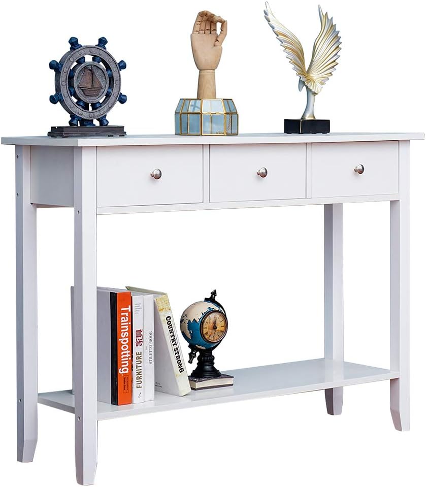 Huisen Furniture White 3 Drawers Console Table with Storage Shelf 100CM Wooden Entryway Living Room Side Table Dressing Table Desk for Bedroom Corner