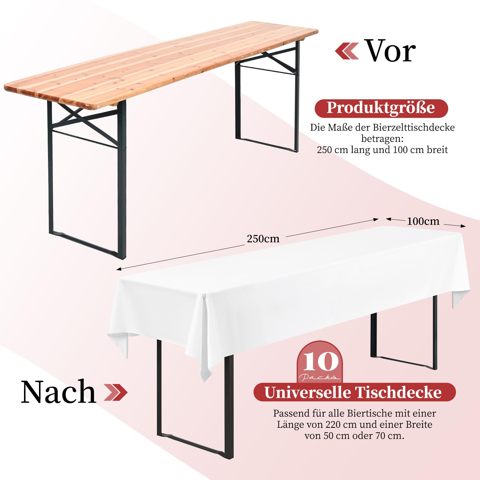 10 sztuk białych obrusów piwnych, uniwersalnych na stoły piwne 50 cm i 70 cm, obrusy na stół piwny, nieprzezroczyste pokrowce na stół piwny, obrusy prostokątne, nadają się do prania, 250 x 100 cm