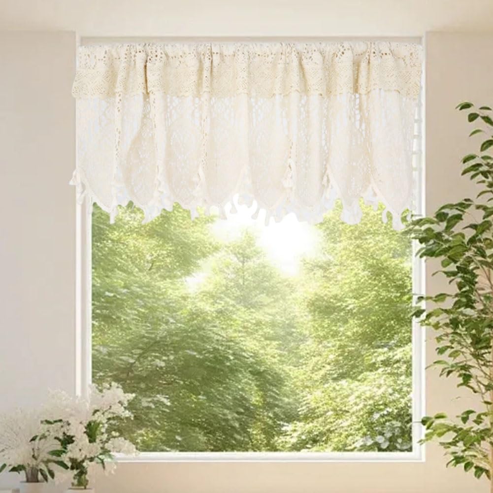 Rideaux Court de Cuisine, Petits Rideaux Creux Tricoté au Crochet Style Rural, Rideaux de Demi-Fenêtre en Coton avec Pompons((WXH) 160x62cm/63x24in)