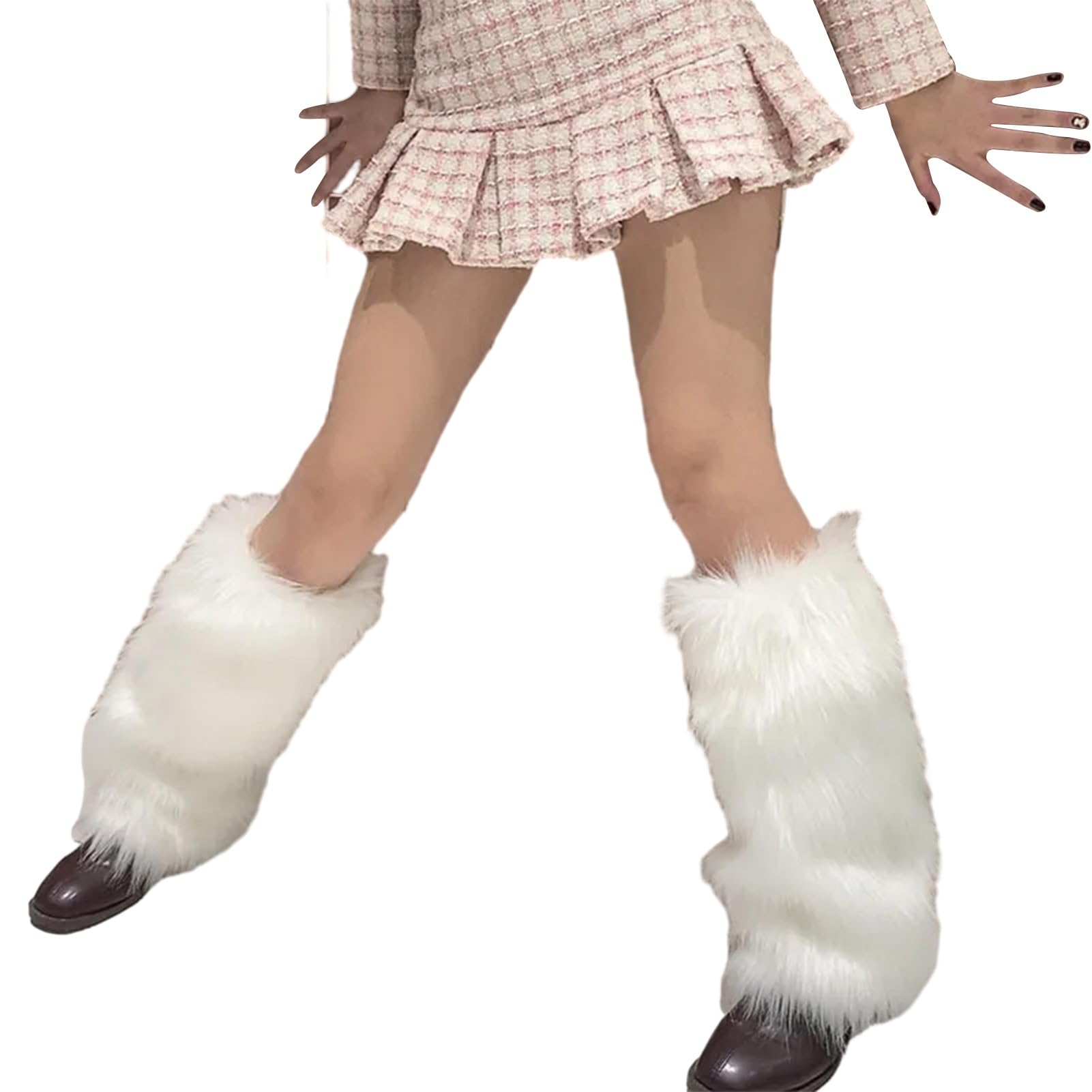 Ulafbwur Unisex White Women Calf Socks Thick Soft Winter Cozy Fluffy Faux Fur Solid Color Anti-Slip Warm Pile Leg Warmers Jk Boots Stocking Lolita 25Cm
