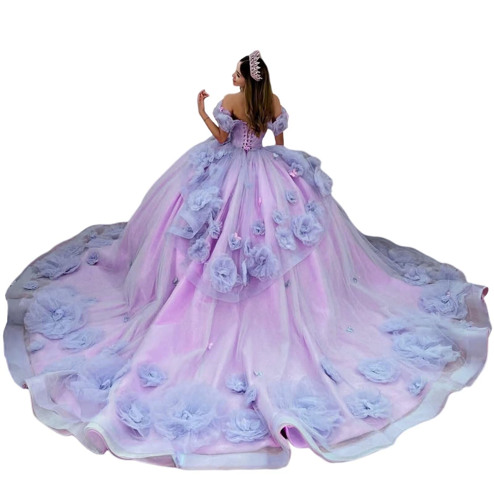 TRHTX Layered 3D Flower Quinceanera Dresses Puffy Butterfly Tulle 15 Dress Ruffles Off Shoulder Long Ball Gowns with Train