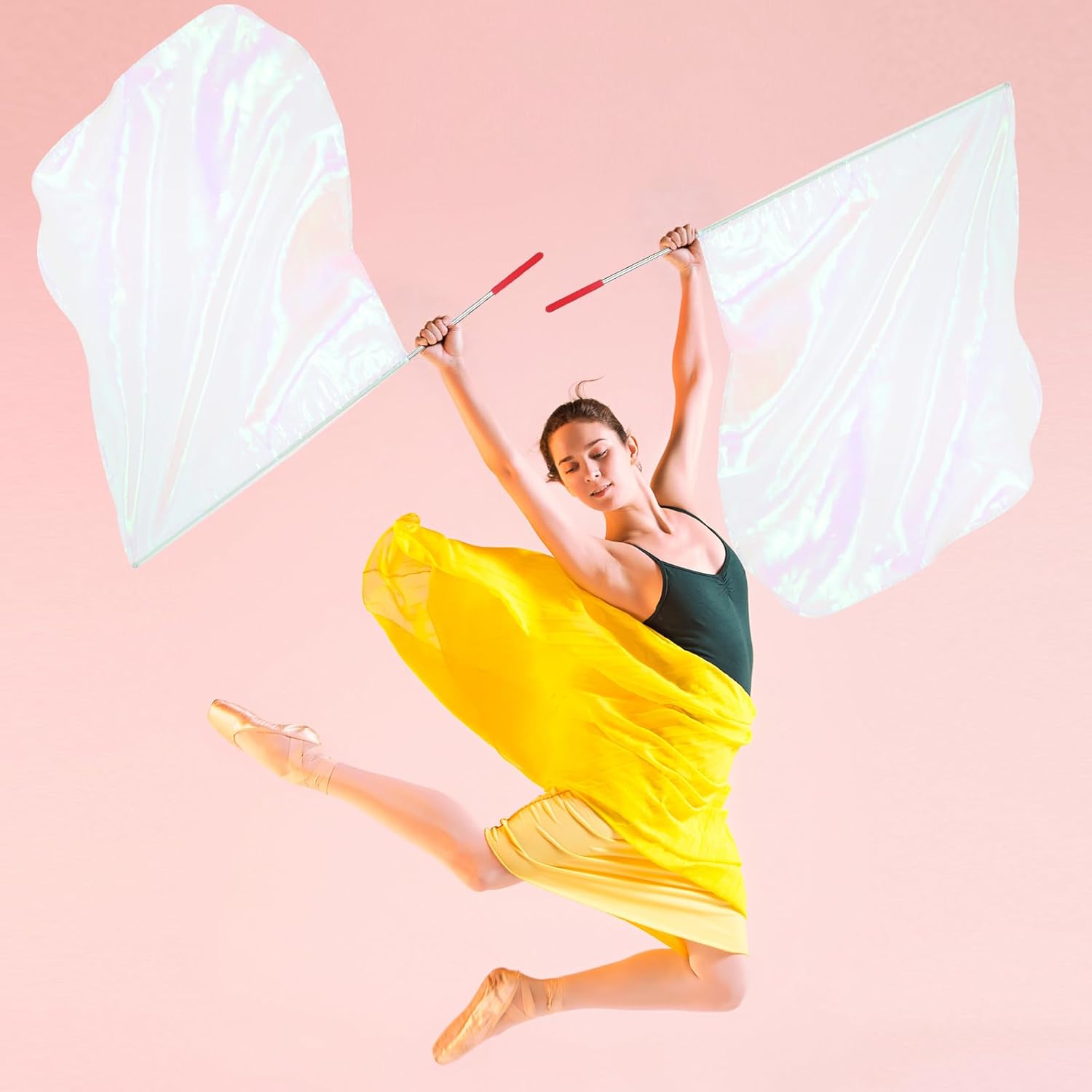 Piriuuo 2 Pcs Worship Flags for Dance, 27.5"x31.5" Praise Dance Flag with Scalable Rod Praise Flags for Worship Dancer Outdoor Practice Performance, Semicircle Angel Wing Design(White)