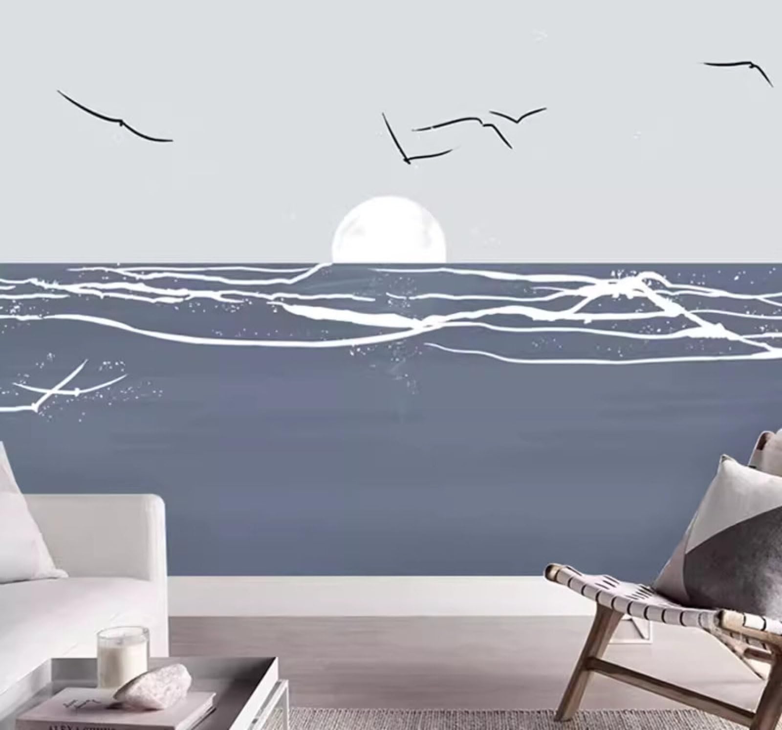 Minimalist Hand Drawn Sunrise Ocean Seagulls 3D Wallpaper Easy Install Feature Office Living Room Sofa Bedroom TV Background Wall Decoration-400cm×280cm