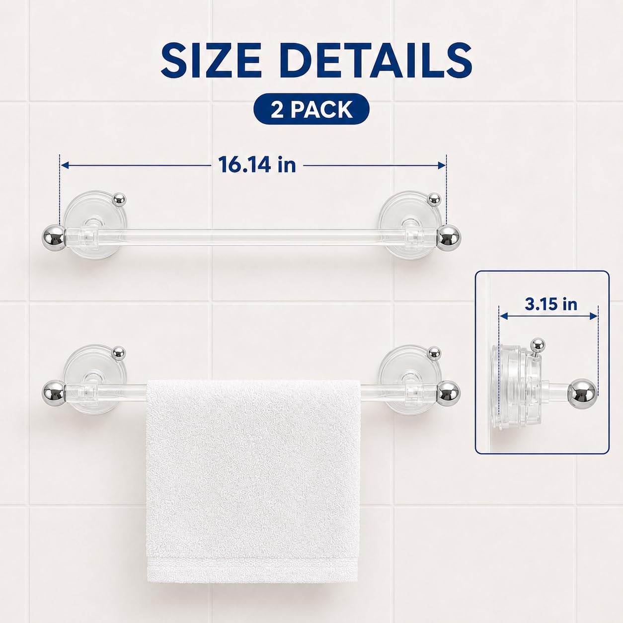 2 Pack 16" Clear Suction Cup Towel Bar,No‑Drill Kitchen Towel bar