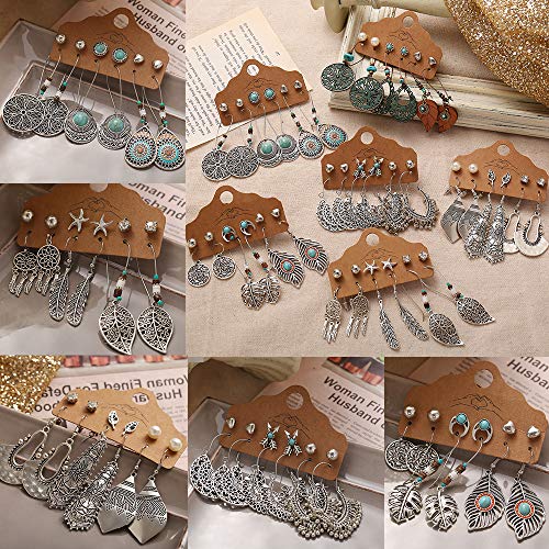 36 Pairs Fashion Vintage Drop Dangle Earrings Set For Women/Girls Bohemian Earrings With Hollow Leaf Waterdrop Jewelry For Birthday/Party/Christmas Gifts #TOP4