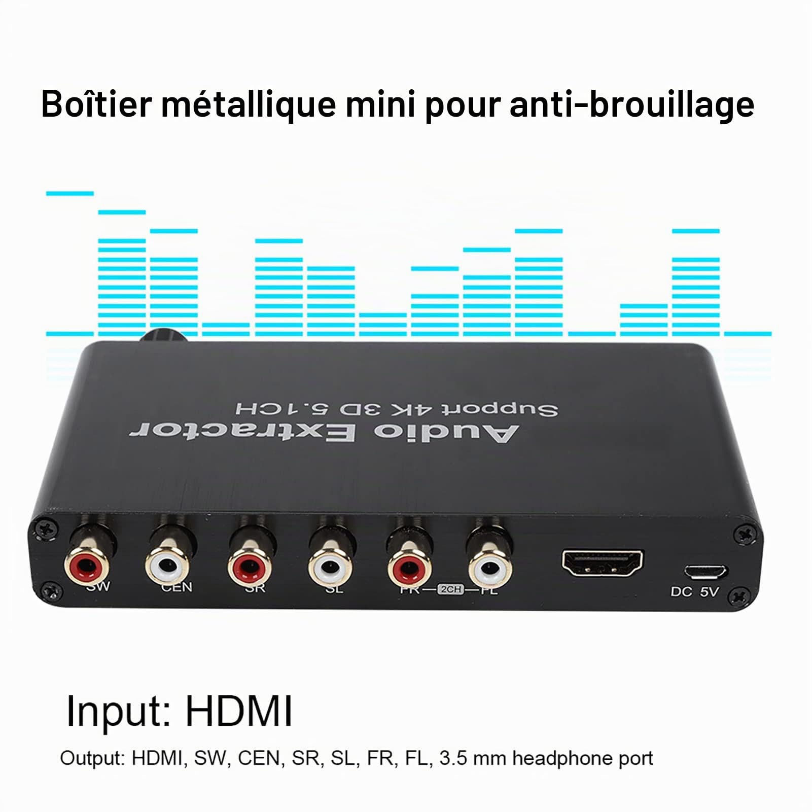 Convertisseur d'extracteur Audio HDMI 3D 4K 3D HDMI 5.1 Channel Adaptateur pour réseau/TV HD/DVD pour PS3 pour Xbox 360 100-240 V (Noir)