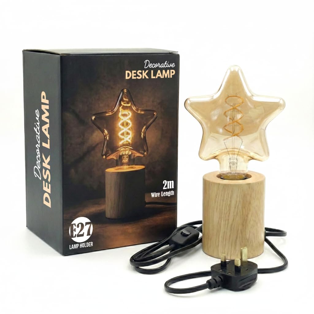 Wooden Table Lamp with Decorative Bulb – Bedside & Desk Light, E27 Holder, UK Plug with On/Off Switch, Natural Wood Base, Warm Ambient Lighting for Bedroom, Living Room & Office, Home Décor Gift