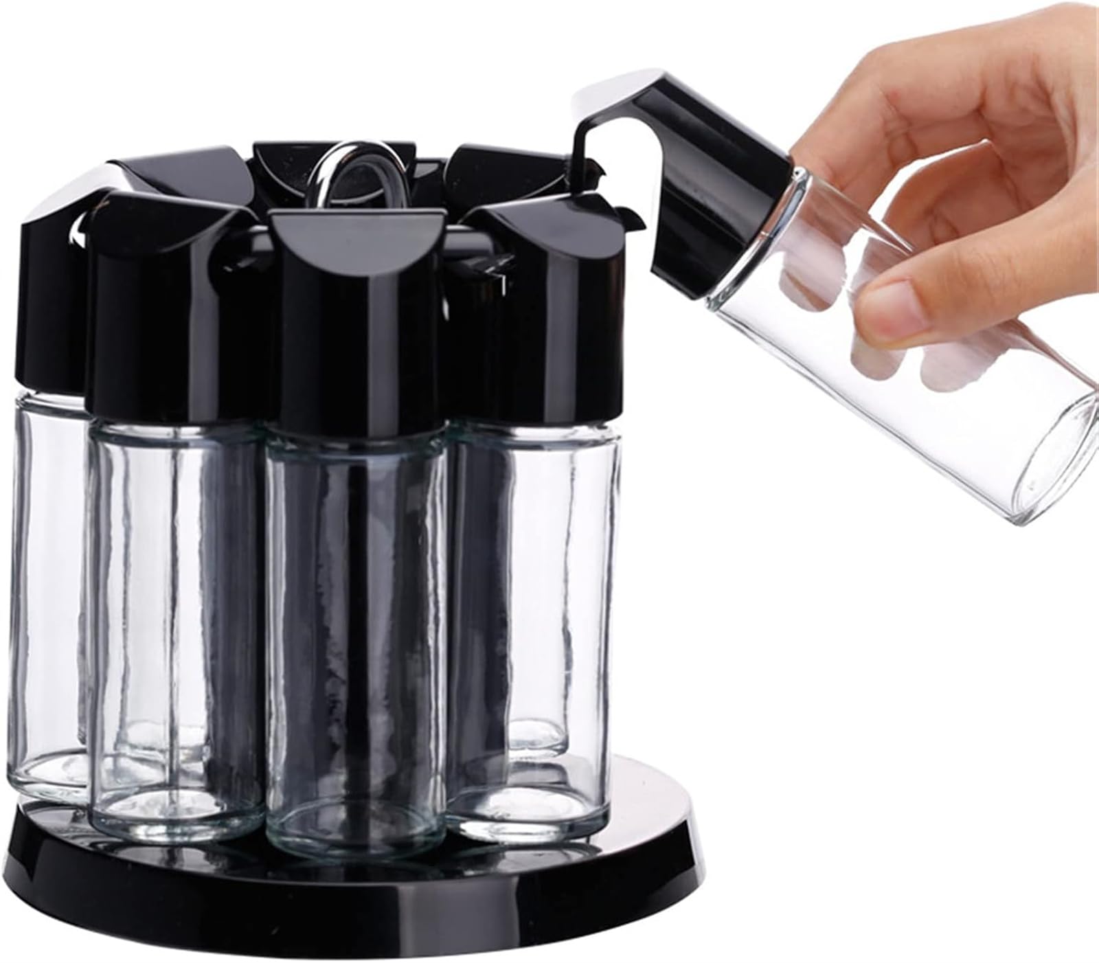 Portaspezie girevole a 360°, con 8 barattoli per spezie, autoportante, organizer per spezie e erbe aromatiche, elegante soluzione da cucina (nero/trasparente)