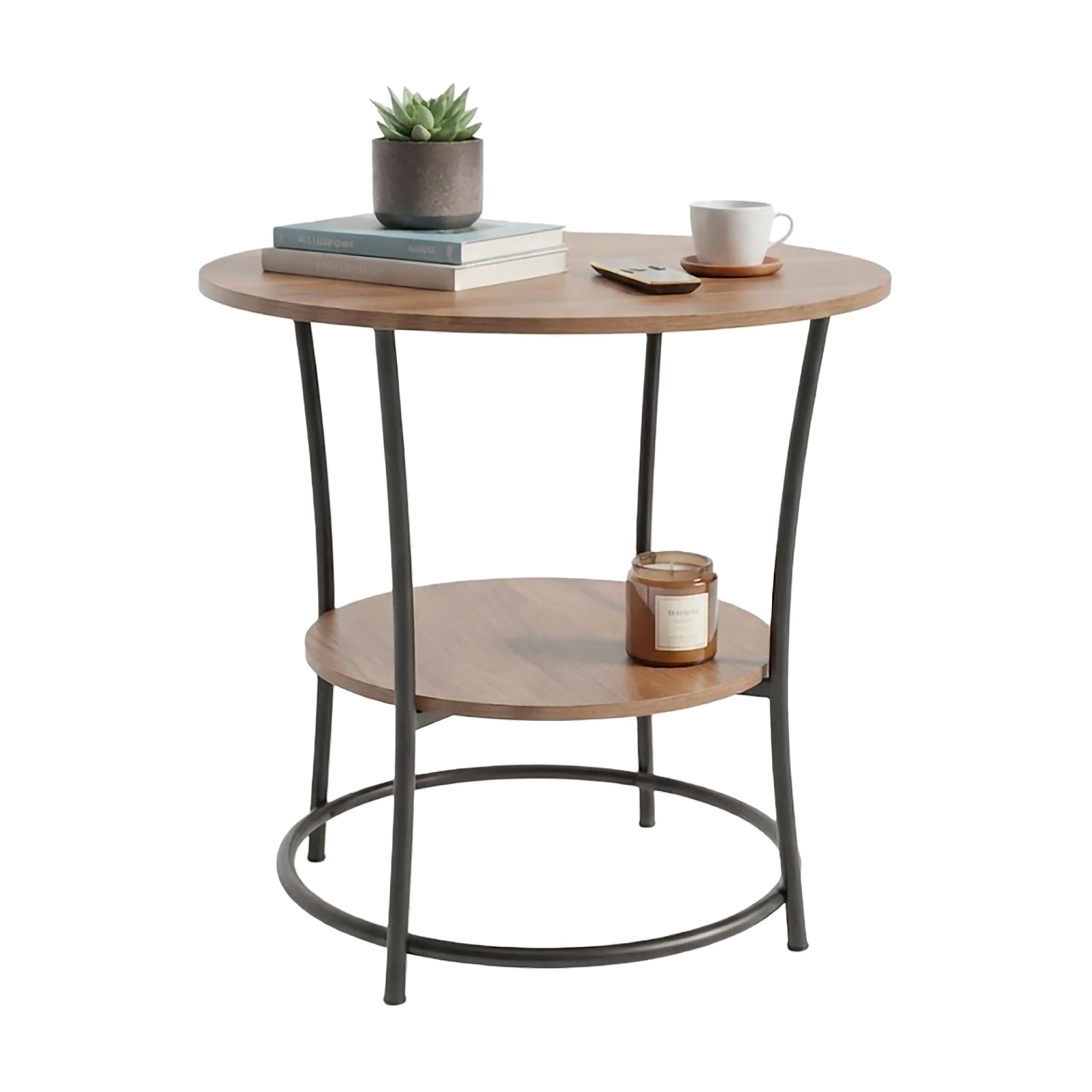 Relaxdays side table, 2-tier, HxD: 55 x 55 cm, wood-effect & metal, round coffee table, brown/black