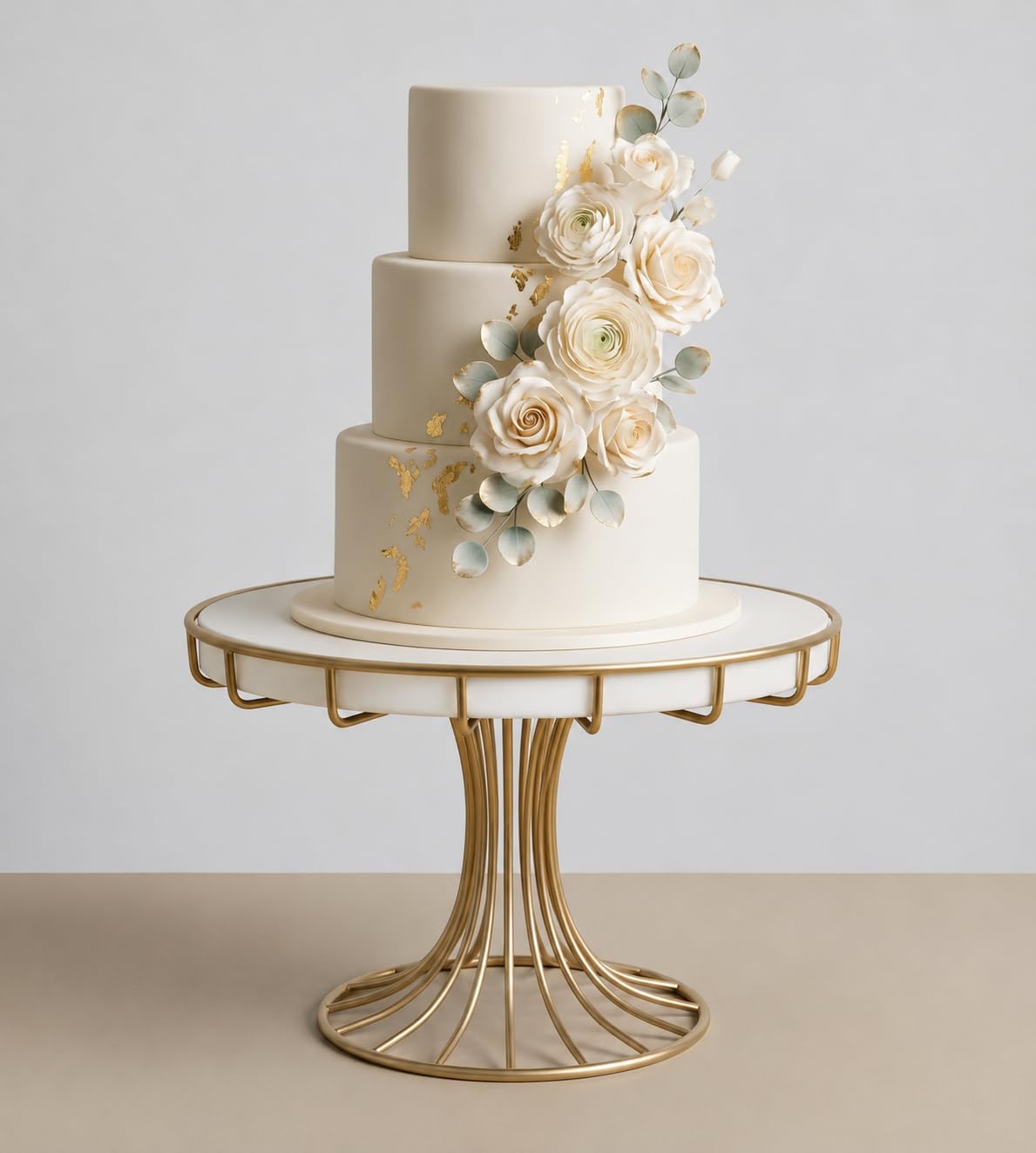 Gold Metal Wire Cake Stand, Round, Elegant Wedding Display, White Marble Top-image-33