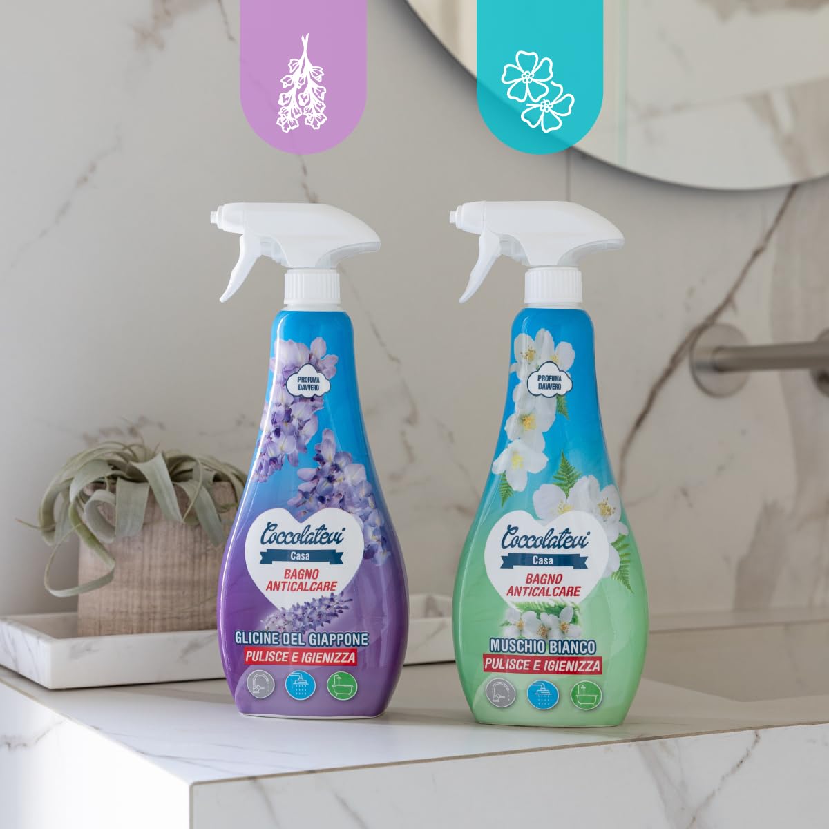 COCCOLATEVI Spray Anticalcare Bagno Muschio Bianco 750 ml x 3, Detergente Bagno Super Profumante, Rimuove Calcare e Residui di Sapone, Lucida e Protegge, Pulisce e Igienizza