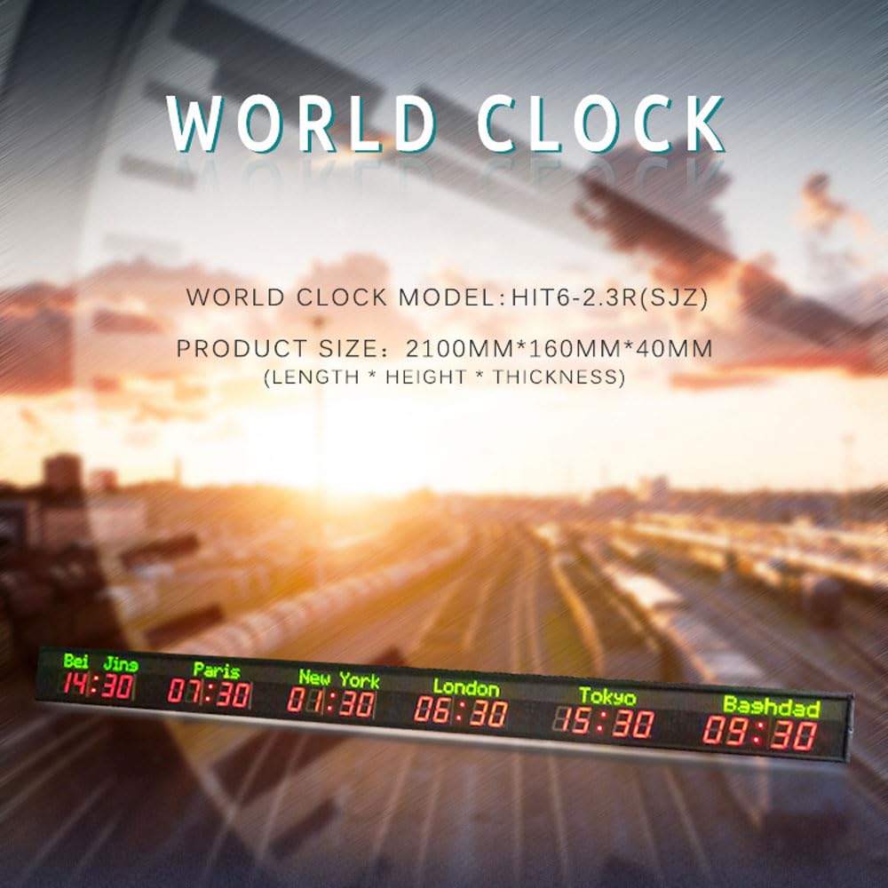 Orologio Digitale con Fuso orario Mondiale a 6 Città, Orologio con Fuso orario multiorario per Hotel, Nome Città Verde/Ora Rossa, per aeroporti internazionali, Imprese multinazionali