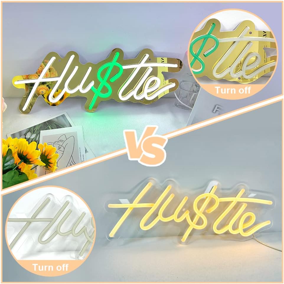 Hustle Neon Signs with Dimmer for Wall Decor, Dollar Sign Fluorescent Light by 5V USB Power, Gold Led Hustle Neon Sign for Bedroom Office,Shop Size 17x7Inches, White & Green Butler Neon Sign