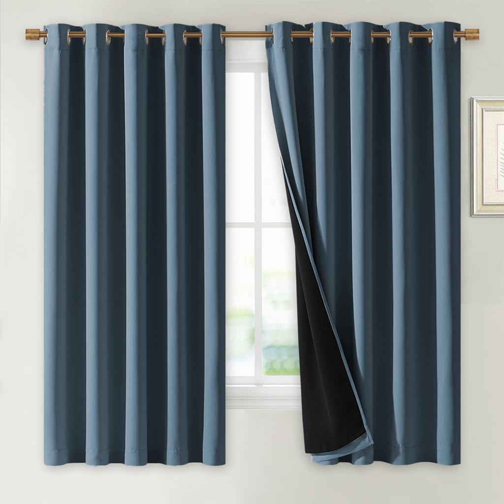 NICETOWN 100% Blackout Lined Curtains, Smoky Blue, 1 Pair, 70" Width x 63" Length Each Panel, 2 Thick Layers Completely Blackout Window Treatment Thermal Insulated Drapes for Kitchen/Bedroom
