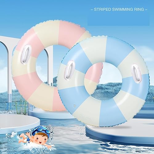 Miniatura 7 de Flotadores inflables de piscina para adultos, paquete de 2 flotadores a rayas, tubos de piscina, anillos de natación con asas, flotador inflable de