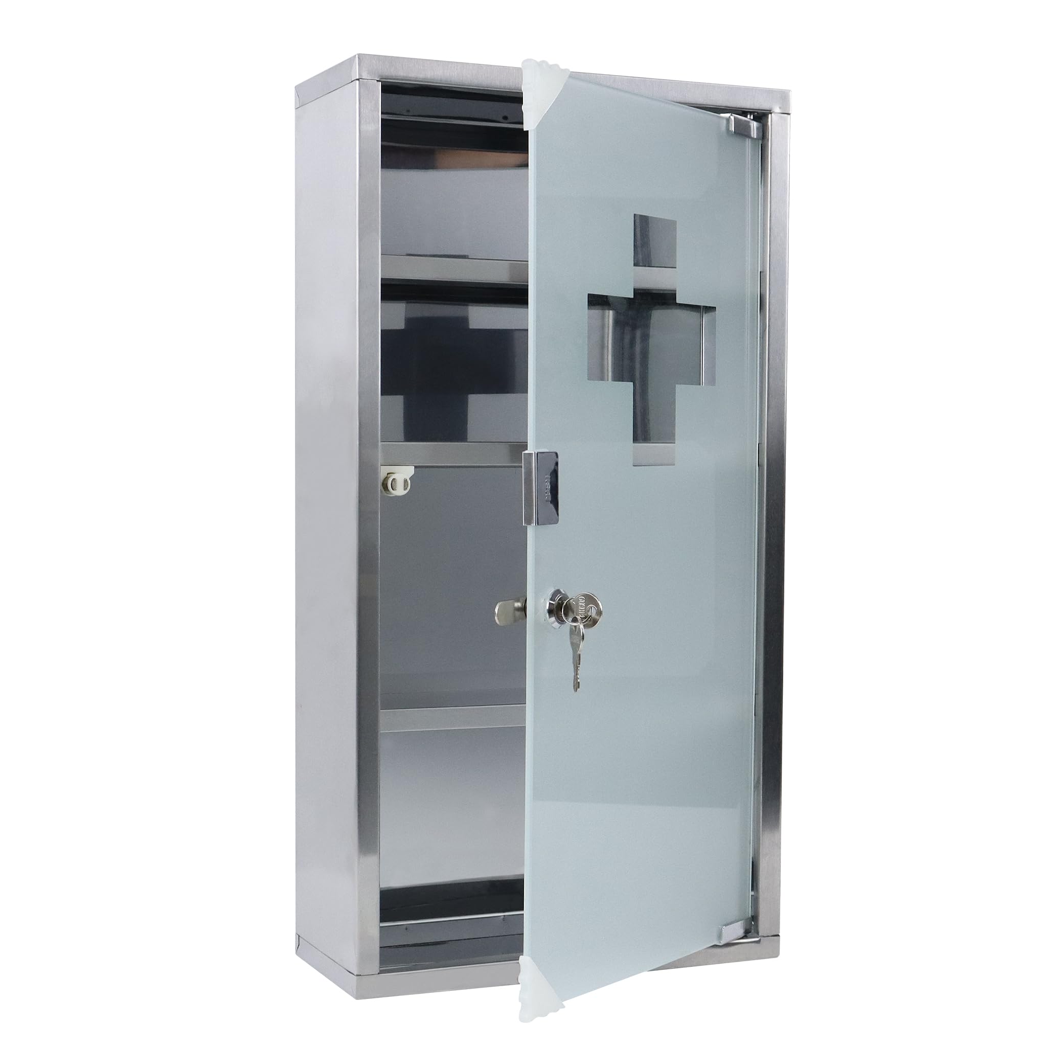 FIVMEN Armoire à pharmacie en acier inoxydable - 4 compartiments - Avec porte en verre et 2 clés - Verrouillable - 30 x 58 cm
