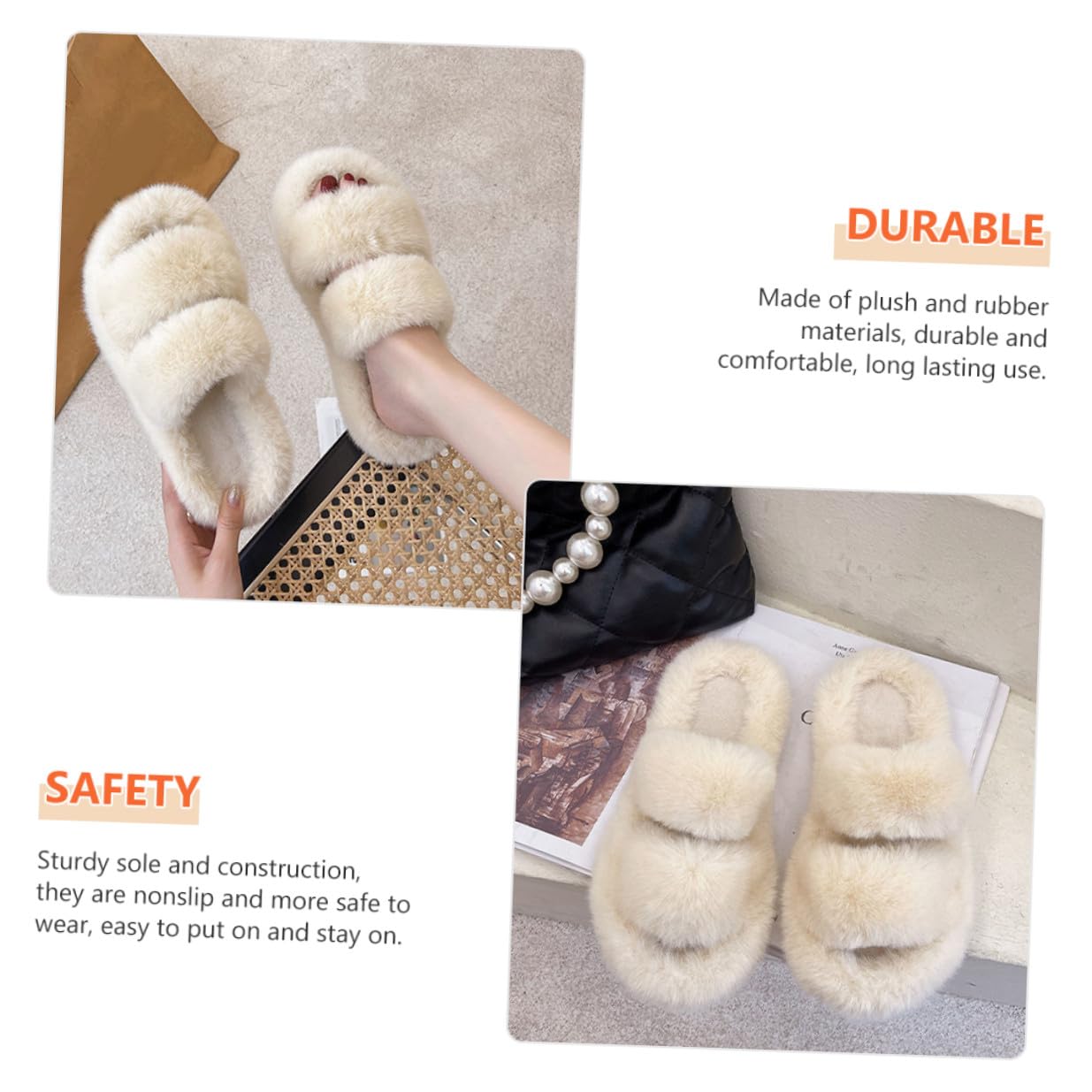 POPETPOP Pantofole Donna Peluche Calde e Comode per Casa in Gomma Antiscivolo, Stile Elegante e Morbido Pelliccia Bianca per Autunno e Inverno
