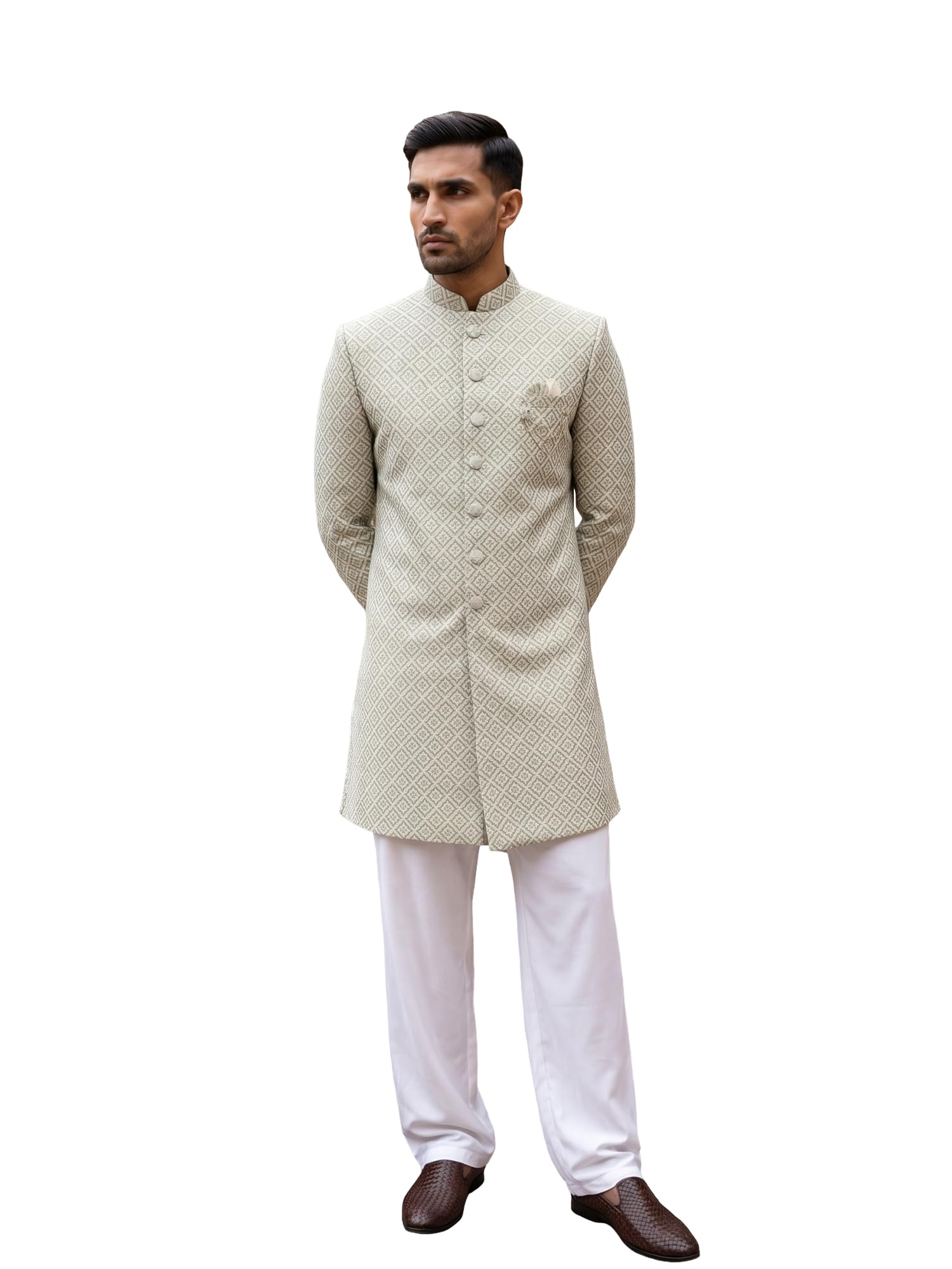 Sage Green Jacquard Silk Indo-Western Set-image-17