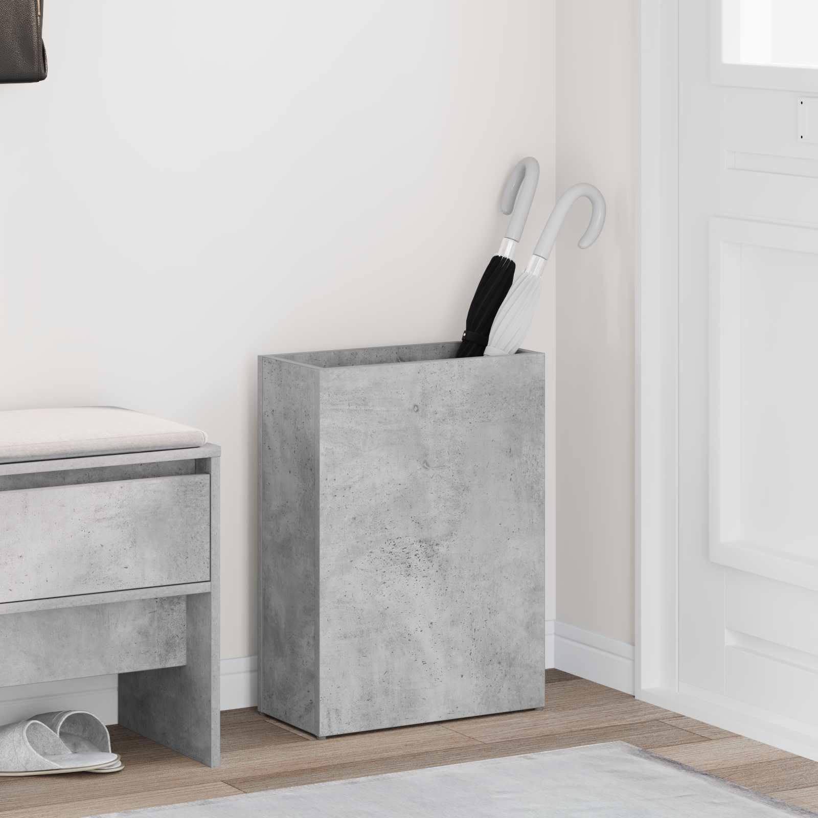 Portaombrelli in legno, moderno portaombrelli per corridoio e ingresso, design rettangolare, grigio cemento, 40 x 20 x 55,5 cm
