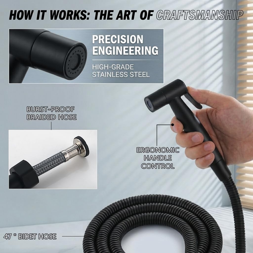 BARROCK - Rociador de bidé de mano para inodoro, de acero inoxidable, kit para limpiar pañales de tela, set de bidé para baño, limpieza de mascotas e higiene íntima, negro mate