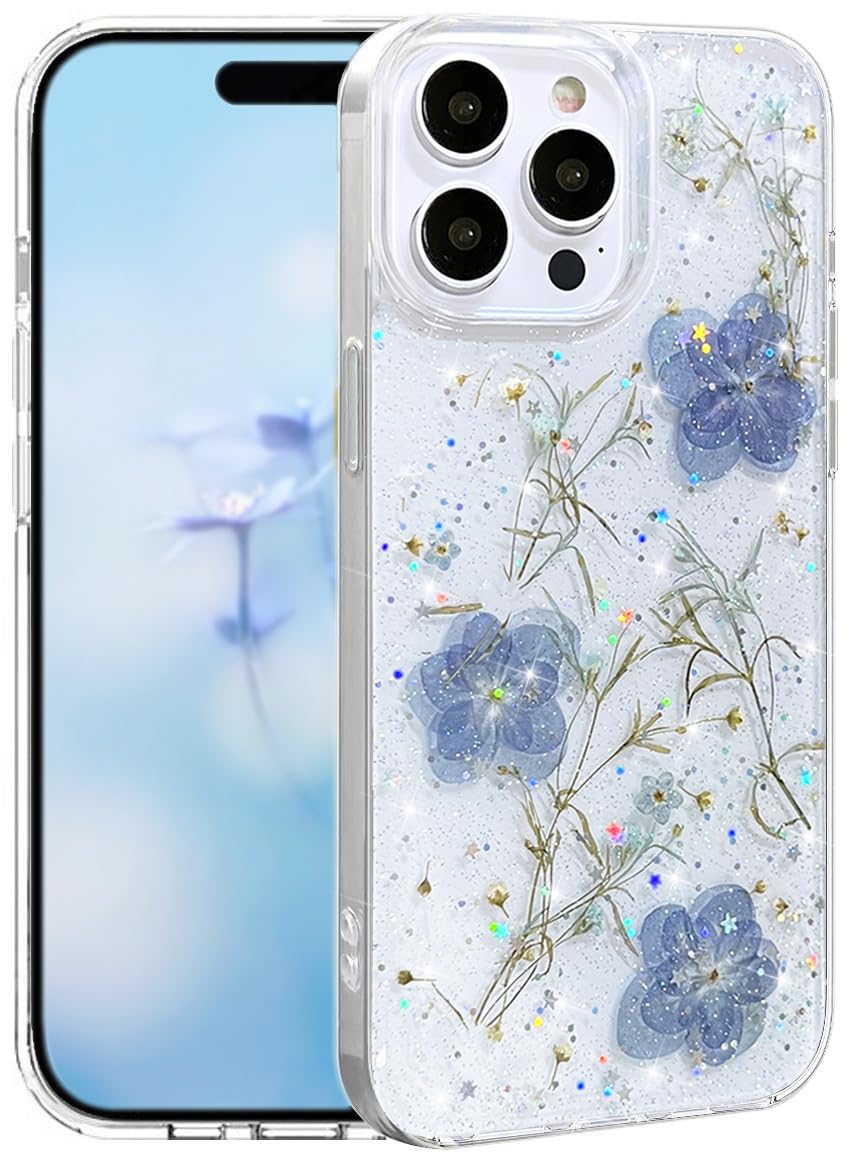 Coque transparente à paillettes iPhone 13 Pro Max antichoc fleurs bleues - 8
