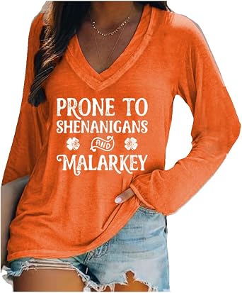 SameeFloral Prone to Shenanigans and Malarkey Shirt Long Sleeve Vneck Casual Tee Shirt St. Patricks Day Gift Tshirt