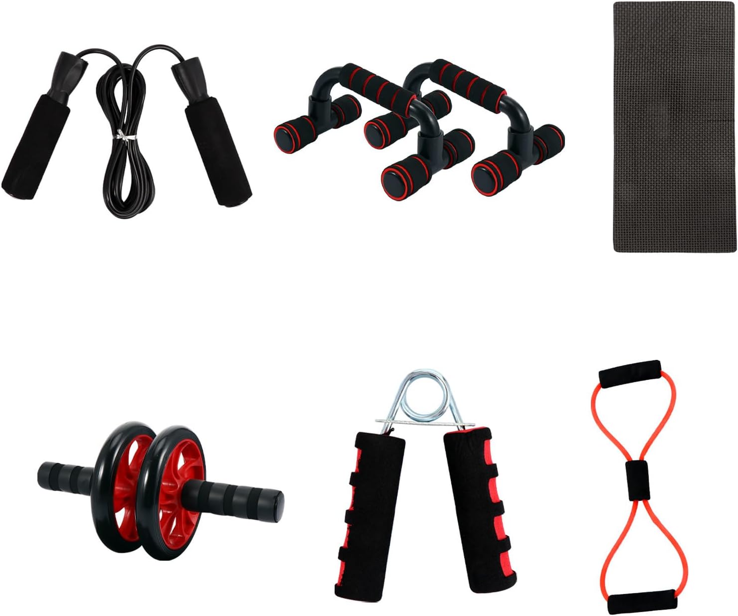 Unisex Abdominal Roller Wheel with Dual Red Wheels, 7pcs Exercise Roller Set for Home Gym Ab Workout, Sturdy Fitness Equipment for Men and Women