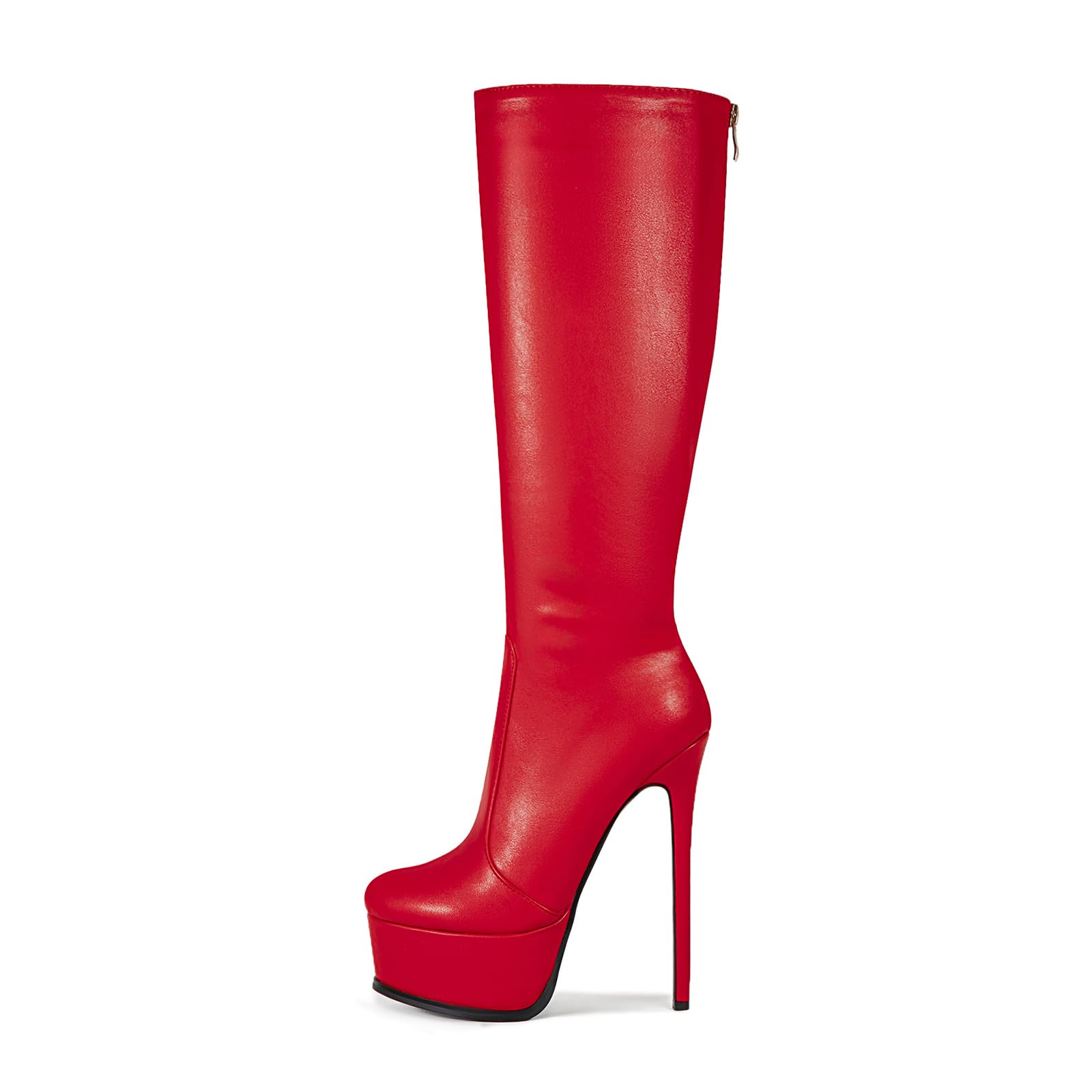 platform black knee high boots for women skinny round toe back zipper Stilettos heels Large size unisex wide